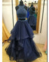 Navy Blue Two Piece Prom Dresses Beadings Rhinestones Long Tulle Ruffles Prom Gowns